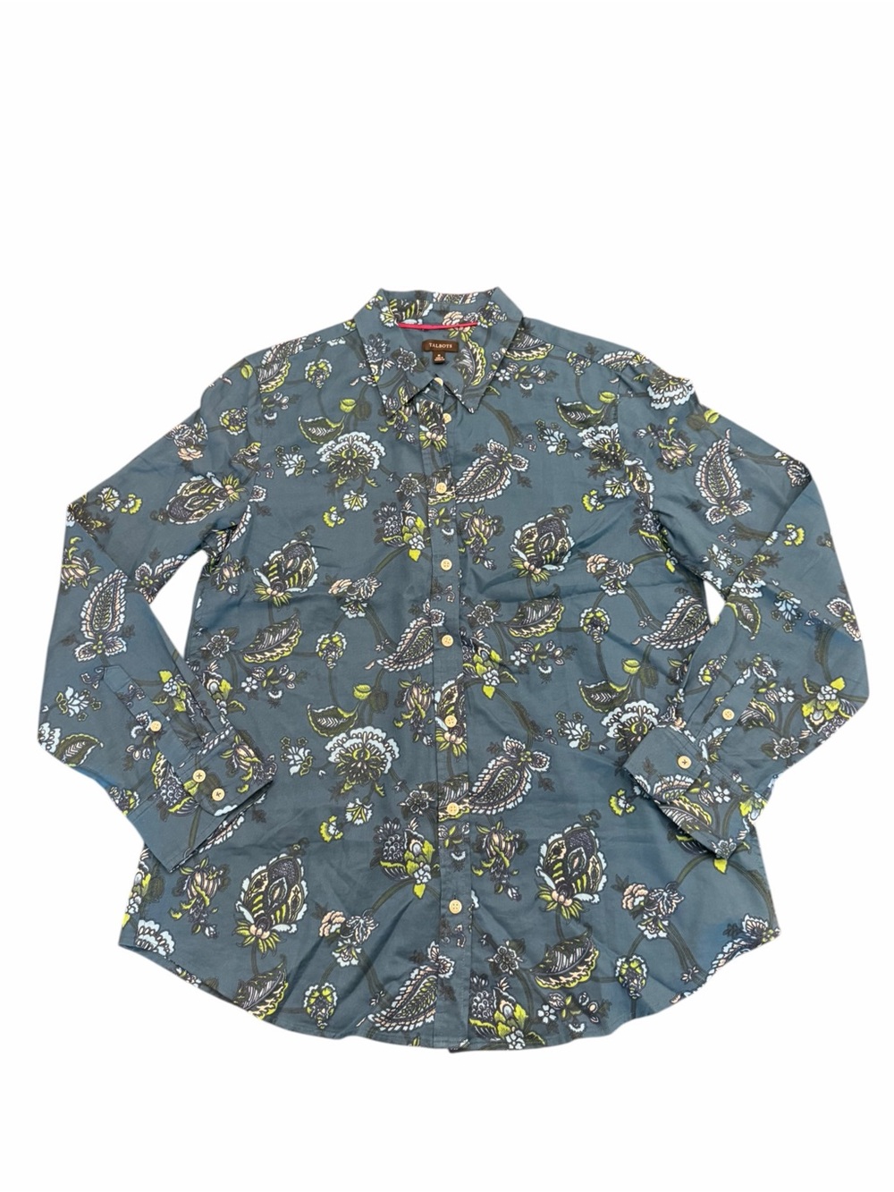 Talbots Women’s Teal Button Down Shirt 100% Cotton Floral Paisley Medium New